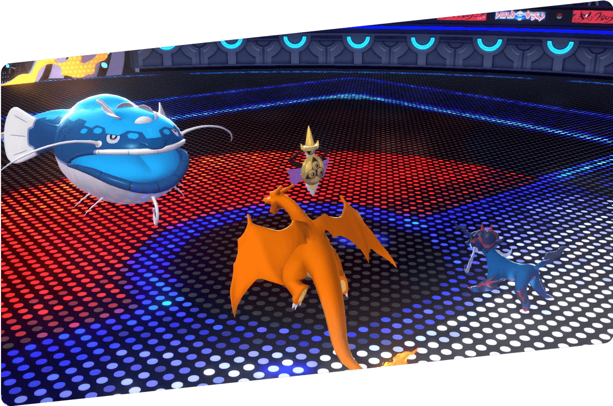 Doubles battle scene in Pokémon Champions showing Tatsugiri and Charizard on the arena floor.