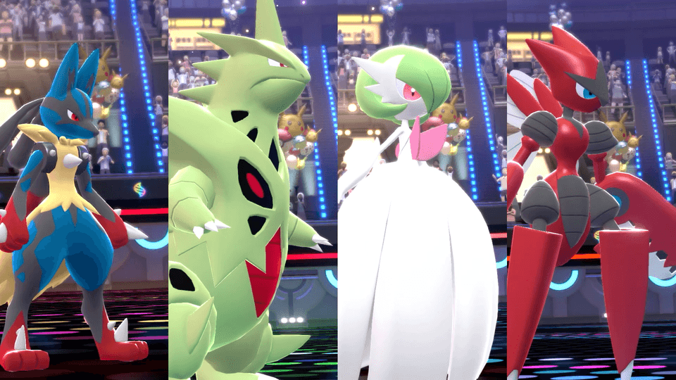 Four Pokémon — Lucario, Tyranitar, Gardevoir, and Zamazenta — shown side by side as archetype examples.
