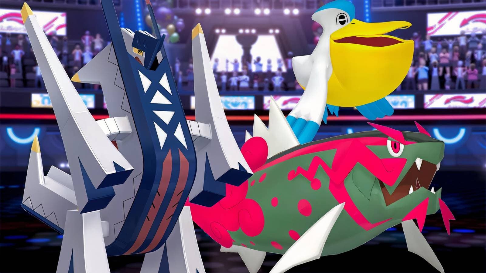Archaludon, Pelipper, and Basculegion posed together on a Pokémon Champions stadium stage — the three-Pokémon core of the Regulation M-A rain team.