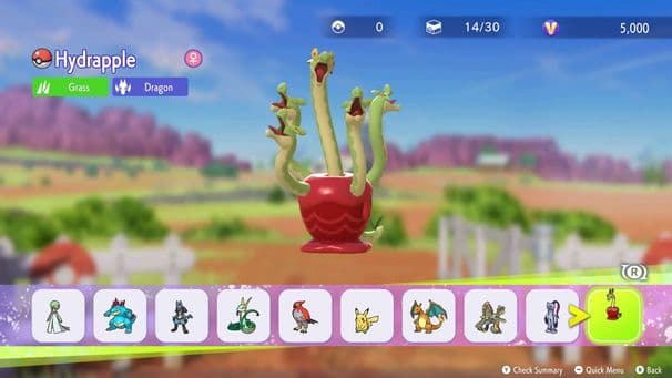 Team builder screen from Pokémon Champions showing Hydrapple selected with the team carousel.